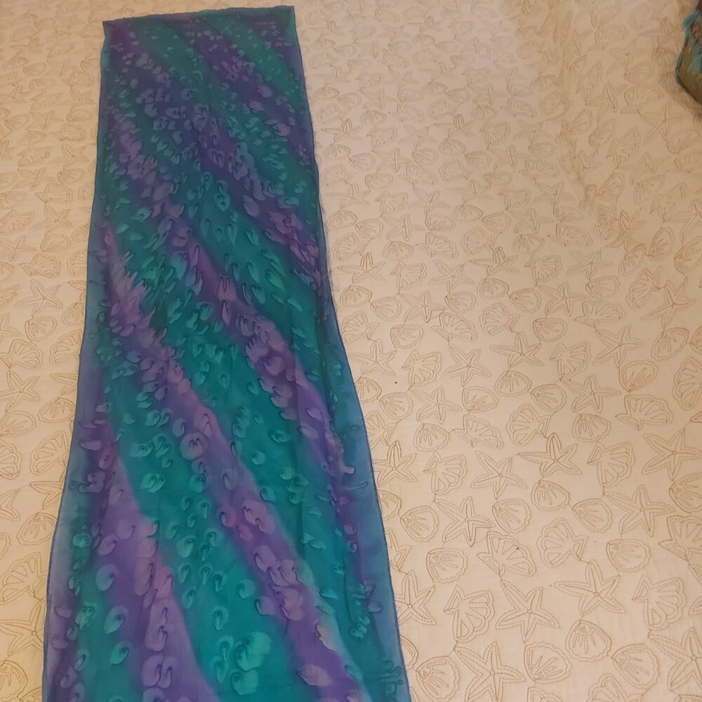 100% silk scarf hand painted in green and purple dye design